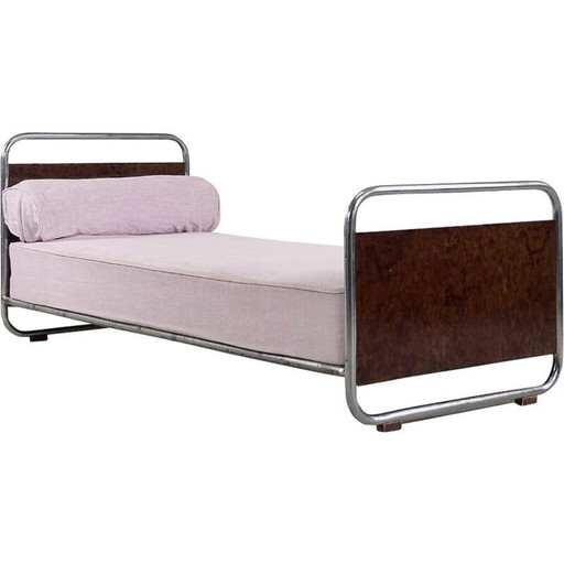 Vintage Art Déco Bauhaus bed van gebobbeld hout en stalen buizen, jaren 1920