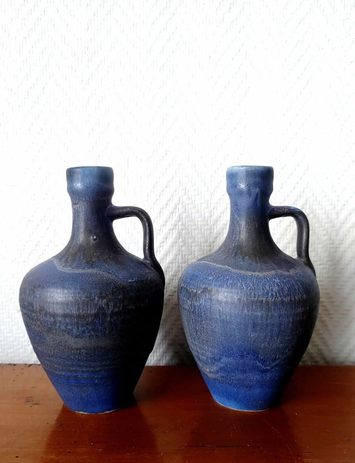 2 X Vintage blauwe keramische kannen