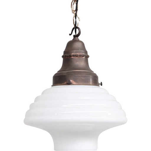 Vintage opaline en messing Franse hanglamp, jaren 1930