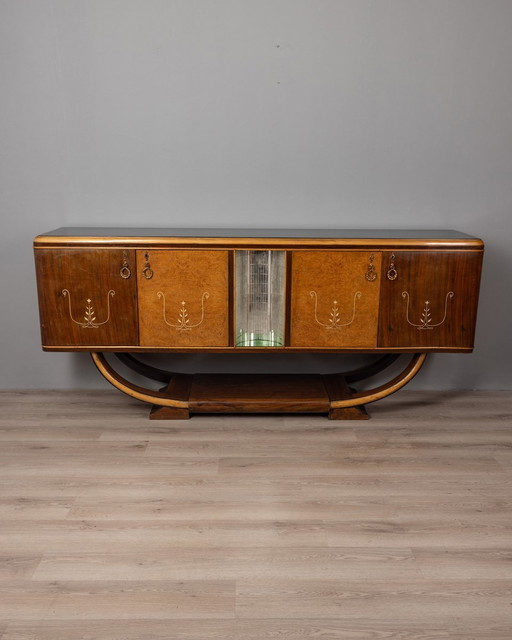 Vintage 1930S Dressoir In Hout En Glas Italiaans Art Deco Ontwerp