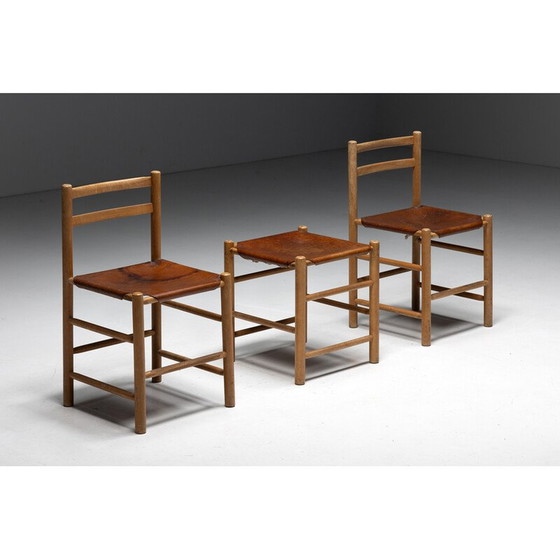 Image 1 of Set van 3 vintage cognac stoelen en kruk, Frankrijk 1950