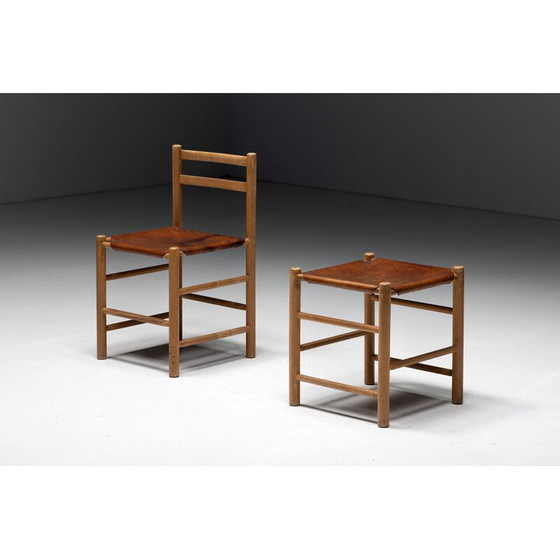 Image 1 of Set van 3 vintage cognac stoelen en kruk, Frankrijk 1950