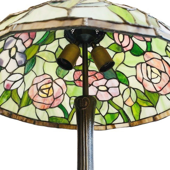 Image 1 of Vintage mid-century xl Tiffany Tafellamp jaren 60 bloemen