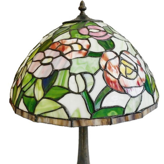 Image 1 of Vintage mid-century xl Tiffany Tafellamp jaren 60 bloemen