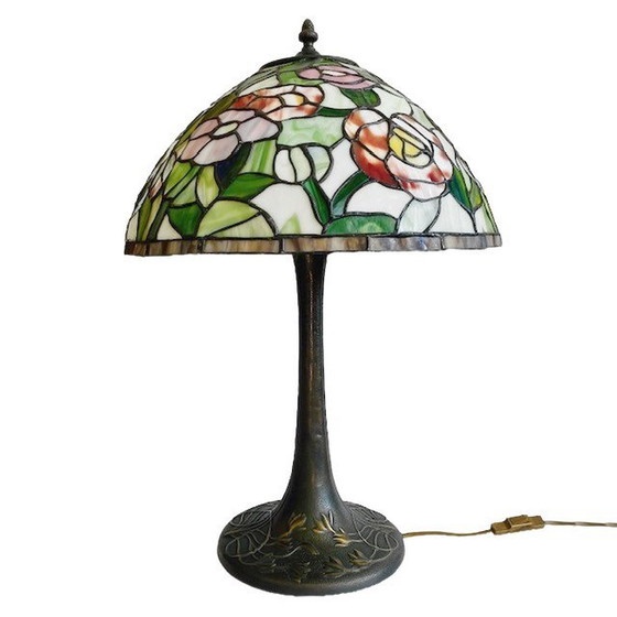 Image 1 of Vintage mid-century xl Tiffany Tafellamp jaren 60 bloemen