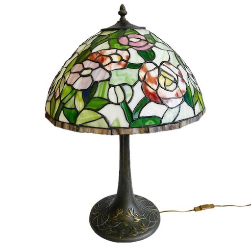 Vintage mid-century xl Tiffany Tafellamp jaren 60 bloemen