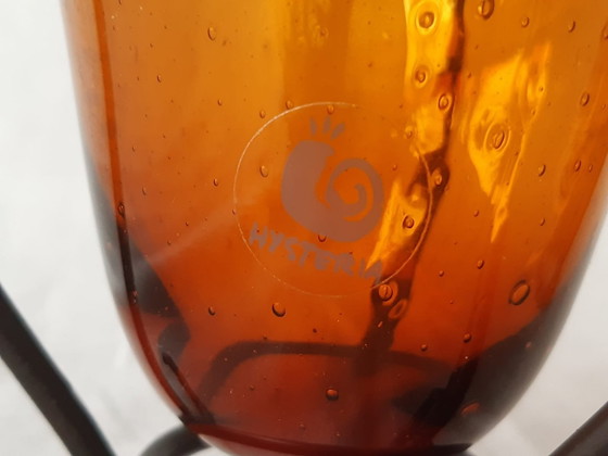 Image 1 of Twee Vintage Hysteria Vaasjes Uit Amberkleurig Glas In Metalen Houders
