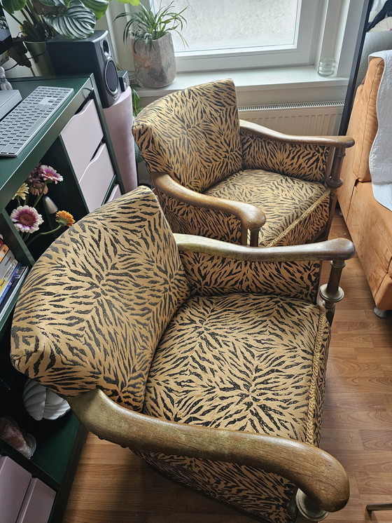 Image 1 of 2x Vintage Antieke Zebraprint Zwart Gouden Fauteuils