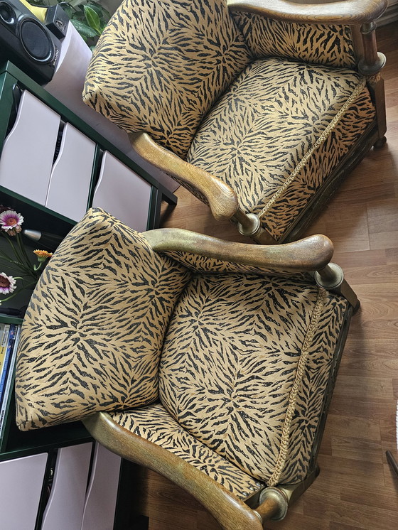 Image 1 of 2x Vintage Antieke Zebraprint Zwart Gouden Fauteuils