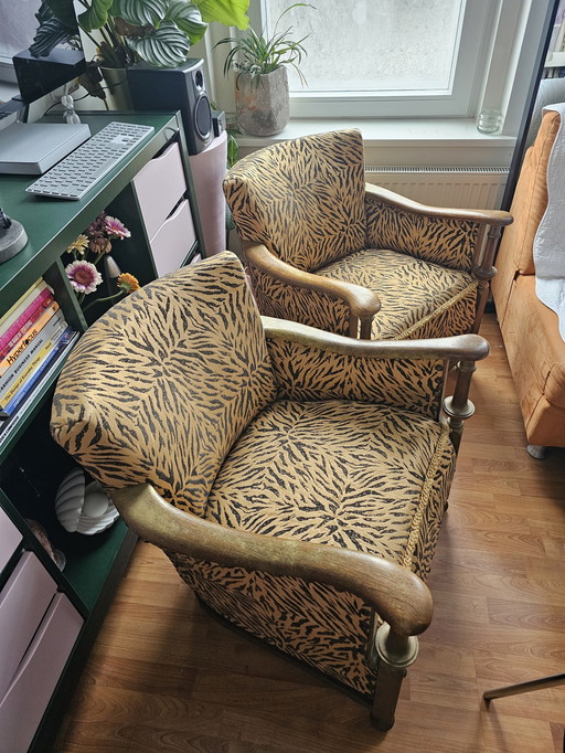 2x Vintage Antieke Zebraprint Zwart Gouden Fauteuils