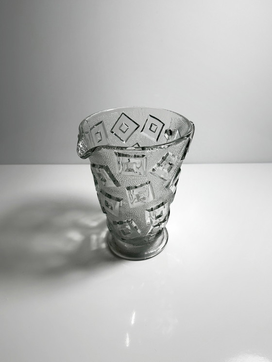 Image 1 of Vintage Art Deco Karaf Libochovice Bohemen Kubist Geperst Glas 30er Bauhaus Kruik Transparant