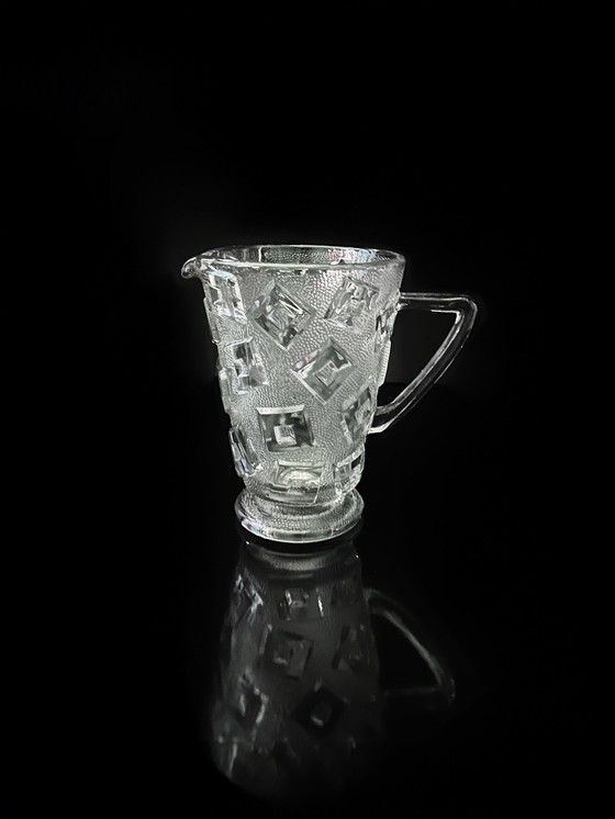 Image 1 of Vintage Art Deco Karaf Libochovice Bohemen Kubist Geperst Glas 30er Bauhaus Kruik Transparant