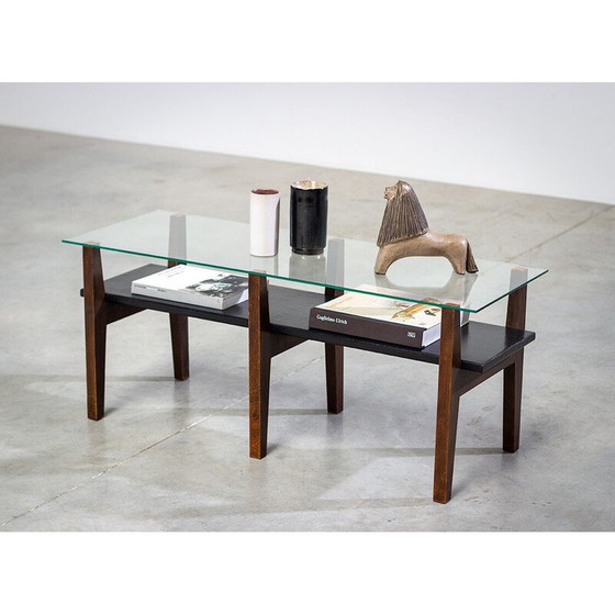Image 1 of Belgische vintage salontafel van notenhout en glas met een constructivistisch motief, jaren 1950