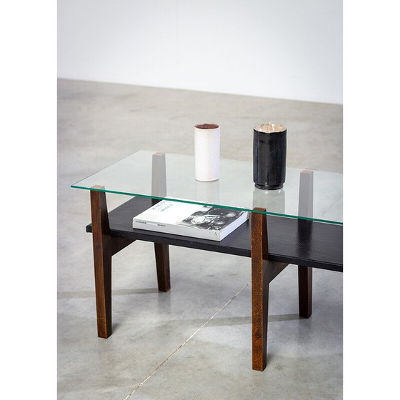 Image 1 of Belgische vintage salontafel van notenhout en glas met een constructivistisch motief, jaren 1950