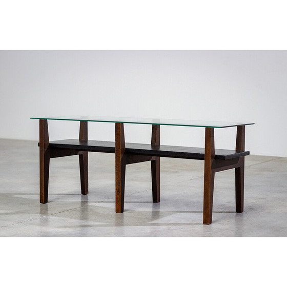 Image 1 of Belgische vintage salontafel van notenhout en glas met een constructivistisch motief, jaren 1950