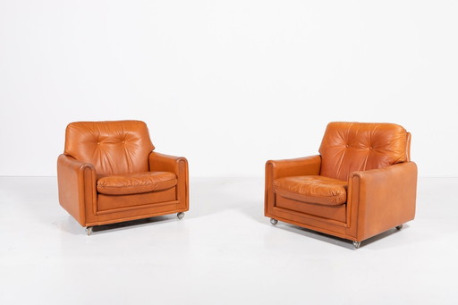 Deens modern cognac leren fauteuils uit 1960