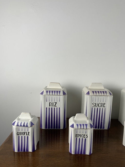 Art Deco kruidenpotjes, Nimy, België, 1930, wit en paars