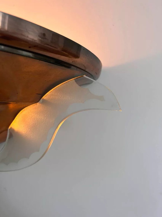 Image 1 of 2X Art Deco hoeklamp, koper en glas, Frankrijk 1930