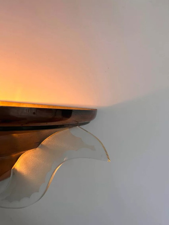 Image 1 of 2X Art Deco hoeklamp, koper en glas, Frankrijk 1930