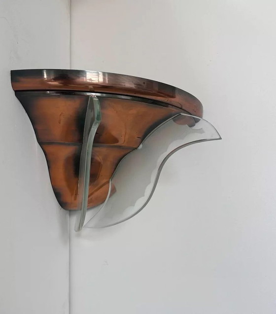 Image 1 of 2X Art Deco hoeklamp, koper en glas, Frankrijk 1930