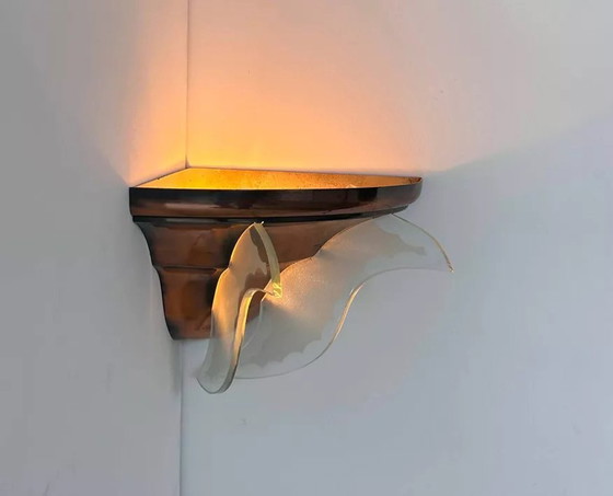 Image 1 of 2X Art Deco hoeklamp, koper en glas, Frankrijk 1930