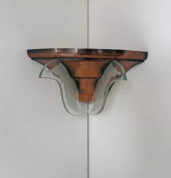 Image 1 of 2X Art Deco hoeklamp, koper en glas, Frankrijk 1930