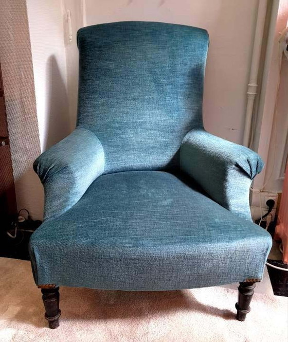 Image 1 of Napoleon 3 Blauw fluwelen fauteuil en haardstoel