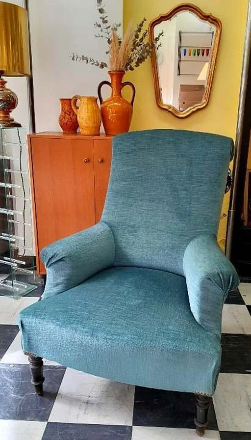 Napoleon 3 Blauw fluwelen fauteuil en haardstoel