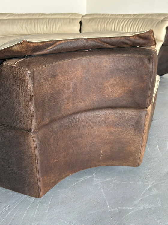 Image 1 of Zeldzame Serpentine Modulaire 'Bogo' Sofa Door Carlo Bartoli Voor Rossi Di Albizzate In Suede En Leer, 1970S Italiaans Exclusief