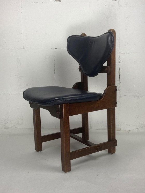 Image 1 of Sbrutalistische eiken en leren eetkamerstoelen, 1960S