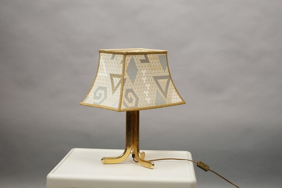Image 1 of Vintage gouden Hollywood Regency lamp met psychedelische kap, jaren 70