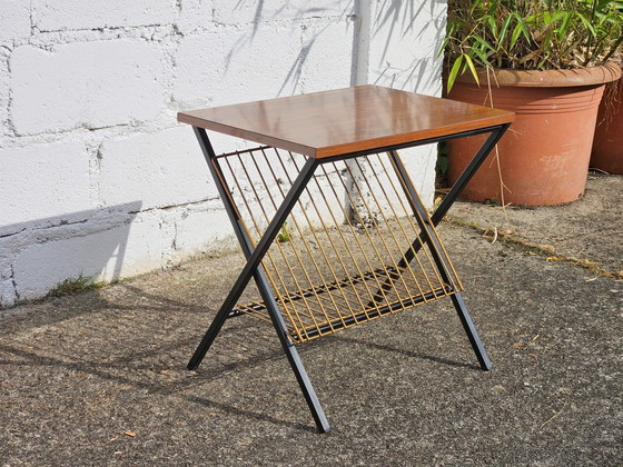 Image 1 of Frans Vintage Tijdschriftenrek - Phono-tafel - Bijzettafel - Retro Formica Console - Mahonie Effect -60S