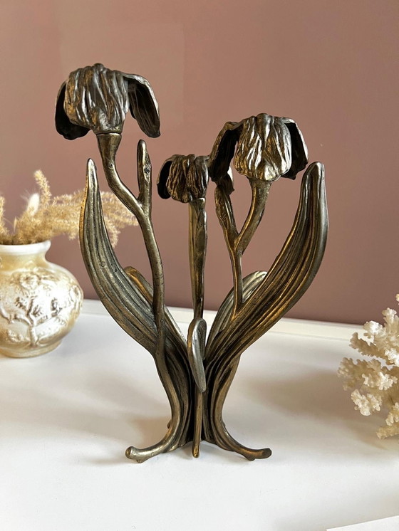 Image 1 of Art Nouveau Kandelaar In Brons Iris Fleur De Lis