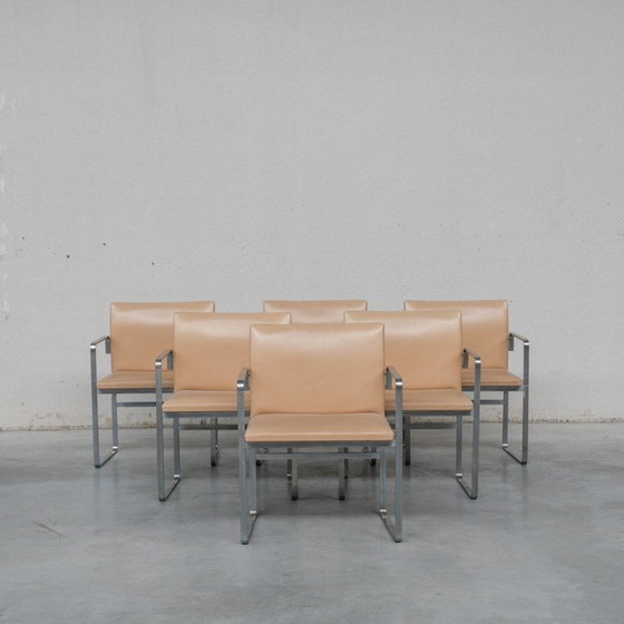 Image 1 of Set van 6 vintage "JH811" eetkamerstoelen in staal en leer van Hans J Wegner, Denemarken 1950