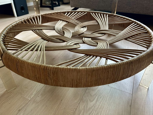 Smoked Glass & Rattan 70S Vintage Coffee Table