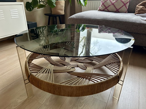 Smoked Glass & Rattan 70S Vintage Coffee Table