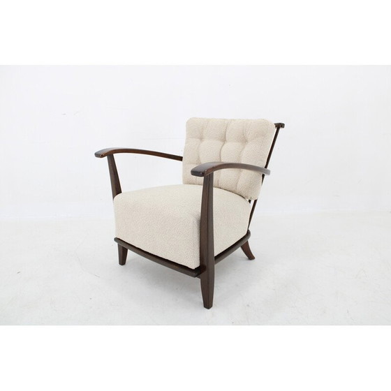 Image 1 of Vintage fauteuil in beukenhout en Boucle stof, Tsjecho-Slowakije 1950