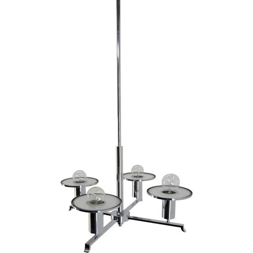 Vintage functionalistische kroonluchter in chroom en glas, jaren 1930