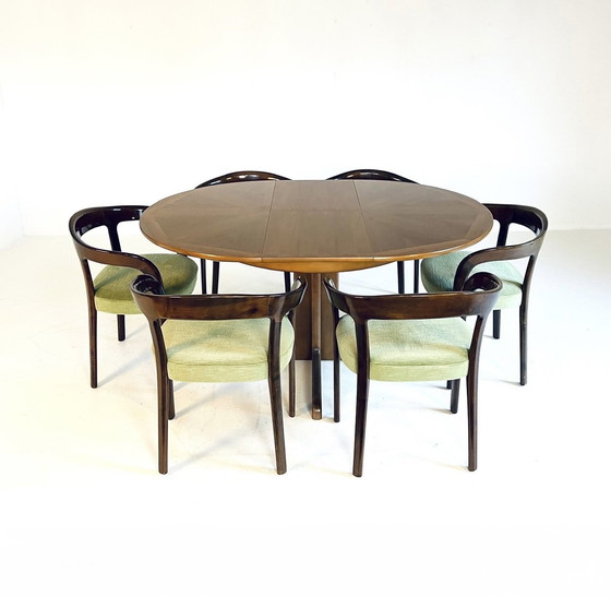 Image 1 of 6X Italiaanse Mahonie & Velvet Eetkamerstoelen