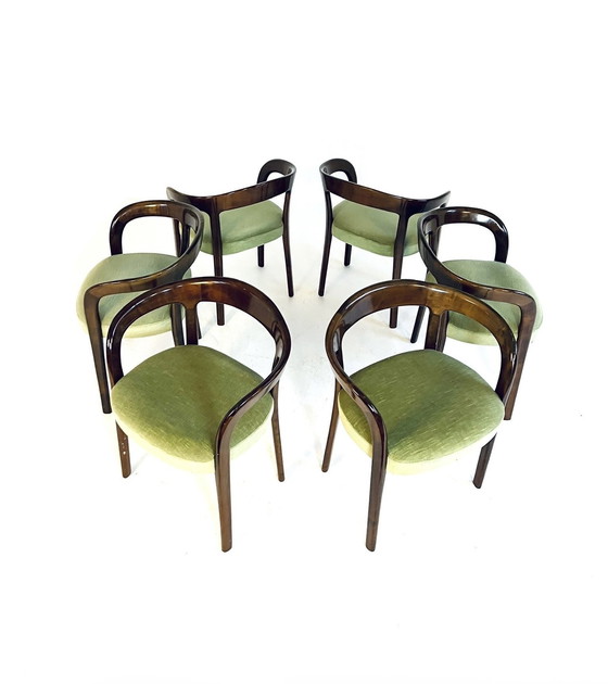 Image 1 of 6X Italiaanse Mahonie & Velvet Eetkamerstoelen