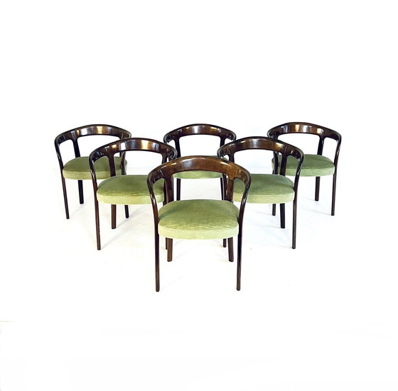 Image 1 of 6X Italiaanse Mahonie & Velvet Eetkamerstoelen