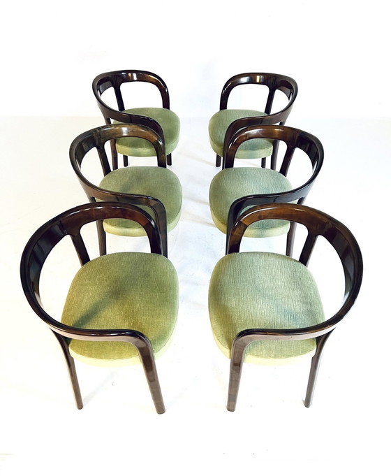 Image 1 of 6X Italiaanse Mahonie & Velvet Eetkamerstoelen