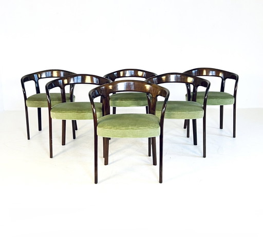 6X Italiaanse Mahonie & Velvet Eetkamerstoelen