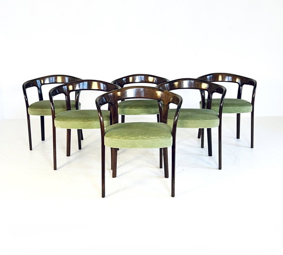 Image 1 of 6X Italiaanse Mahonie & Velvet Eetkamerstoelen