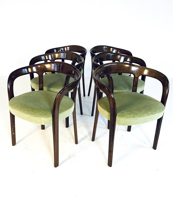 Image 1 of 6X Italiaanse Mahonie & Velvet Eetkamerstoelen