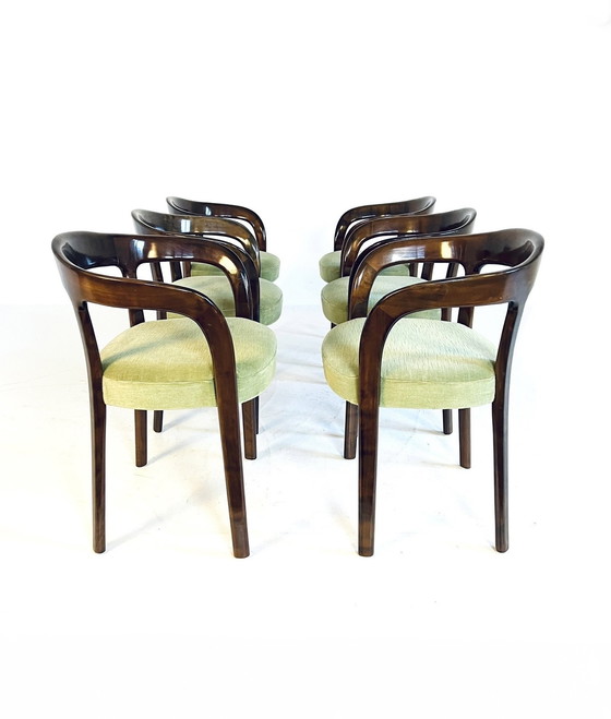 Image 1 of 6X Italiaanse Mahonie & Velvet Eetkamerstoelen