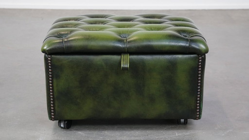 Groene Rundleren Chesterfield Hocker/Opberg Poef met Wieltjes