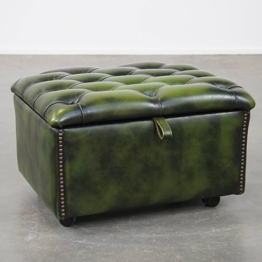 Groene Rundleren Chesterfield Hocker/Opberg Poef met Wieltjes