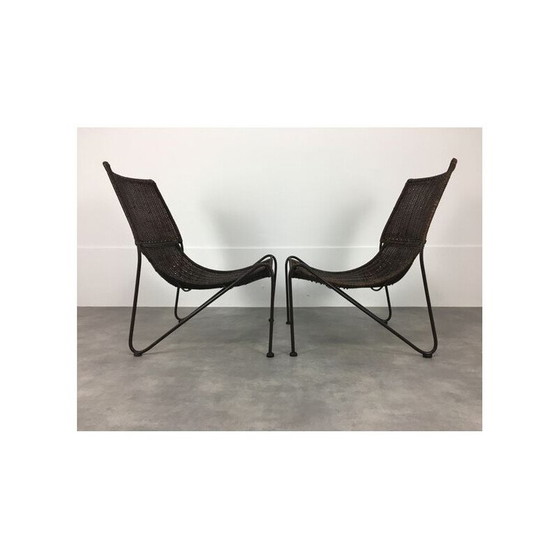 Image 1 of Paar vintage rotan en staaldraad fauteuils van Frederick Weinberg