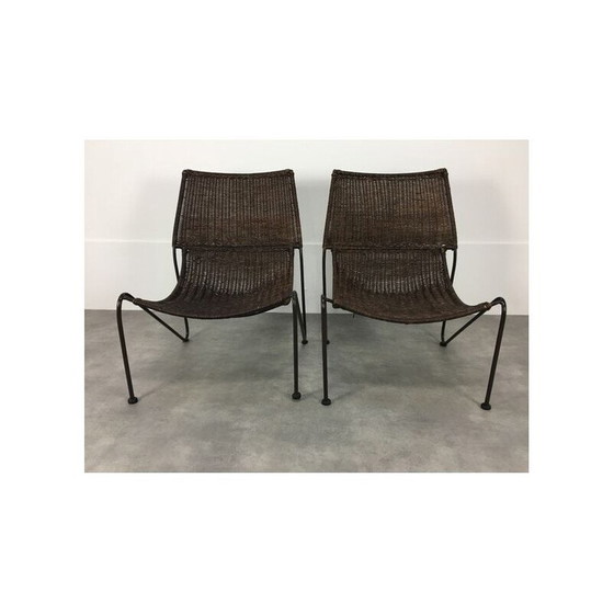 Image 1 of Paar vintage rotan en staaldraad fauteuils van Frederick Weinberg